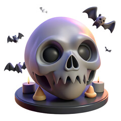 3D Spooky Halloween Skull with Flying Bats - Dark Night Horror Scene - Creepy Graveyard Atmosphere - Scary Skeleton & Gothic Halloween Decor