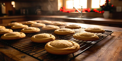Warm Sunlit Kitchen with Freshly Baked Cookies on Cooling Rack

