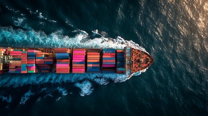 Aerial view container cargo ship, import export commerce business trade logistic and transportation of International by container cargo ship boat in the open sea, Freight shipping .