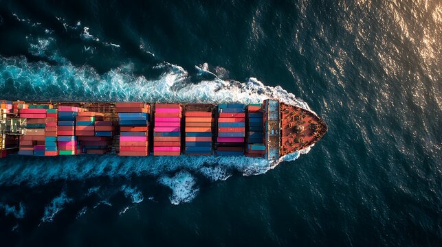 Aerial view container cargo ship, import export commerce business trade logistic and transportation of International by container cargo ship boat in the open sea, Freight shipping .