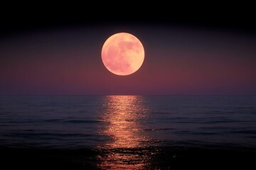 Obraz premium Bright pink moon rising above tranquil ocean dusk 
