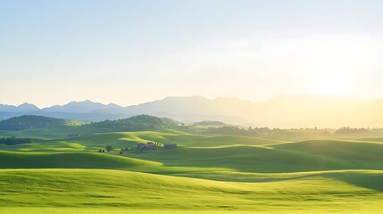 Obraz premium Rolling green hills under a bright hazy sky