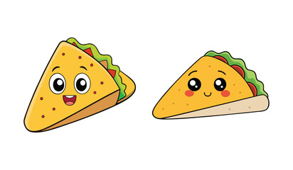 Two cheerful cartoon quesadillas with happy faces and big eyes presented isolated on white background