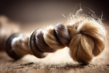 Close-up of a blond braid wrapped around a rustic object