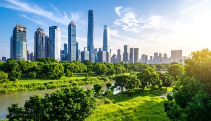 Fototapeta premium Lush green park with river, modern city skyline backdrop, sunny day
