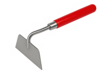 Metal gardening hoe with red handle isolated on transparent background, ideal for agriculture and gardening work