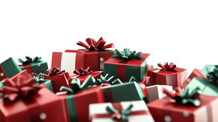 • A pile of red and green Christmas presents with bows, isolated on white background in HD 