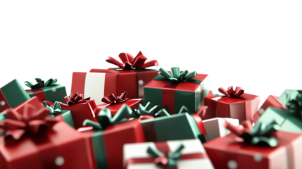 • A pile of red and green Christmas presents with bows, isolated on white background in HD 