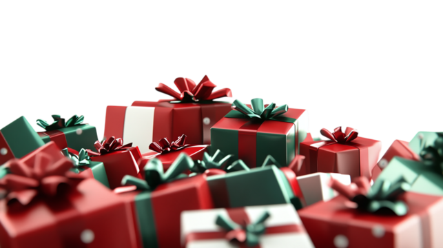 • A pile of red and green Christmas presents with bows, isolated on white background in HD