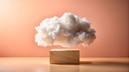 A fluffy white cloud hovering over a wooden block