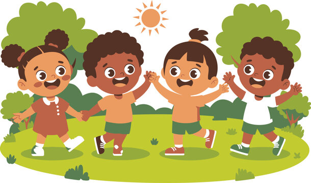 Diverse children holding hands and dancing in a park