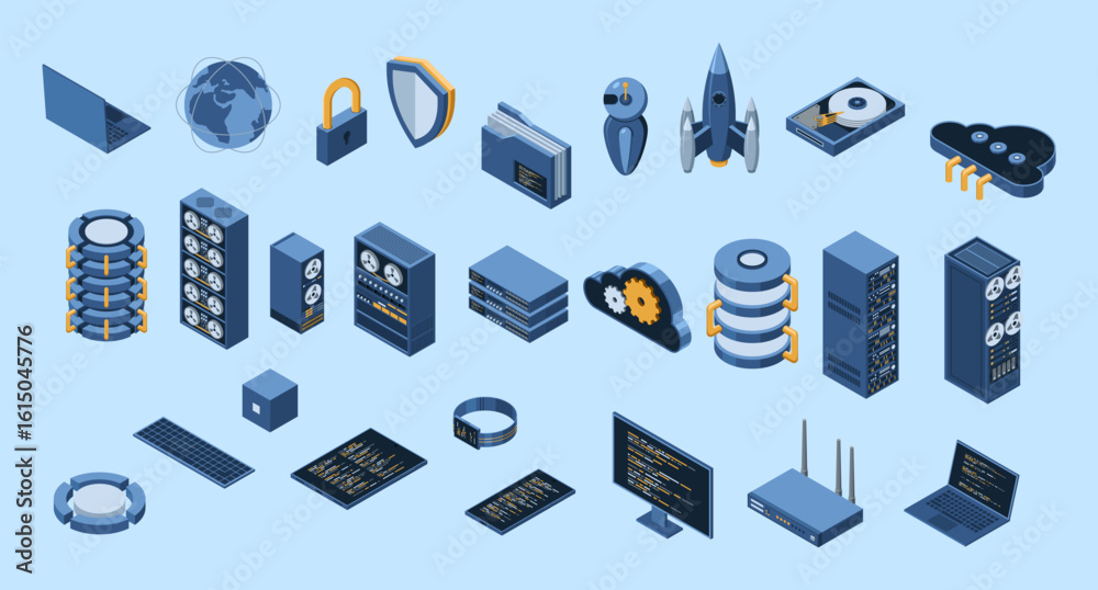 Poster set of isometric computer technology. isometric set server equipment. cloud network and database pla