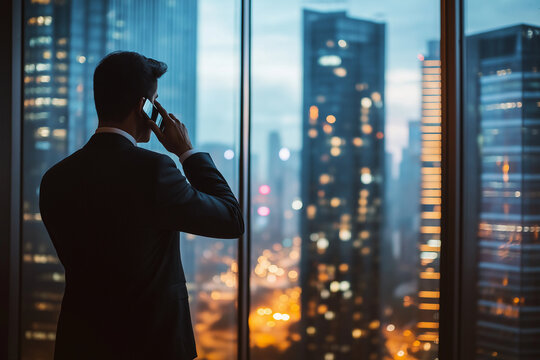 Businessman on phone call looking out office window at city skyline during evening.