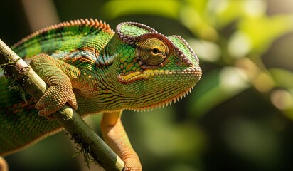 Fototapeta premium Stunning chameleon resting on branch in lush green rainforest looking right with beautiful vibrant colors