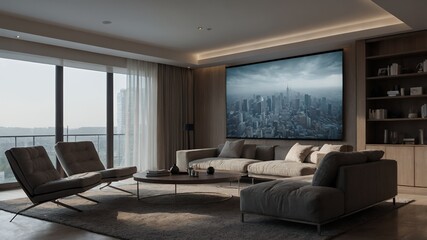 Fototapeta premium Modern minimalist living room interior with panoramic city view and large screen display
