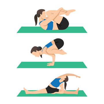 Woman demonstrates a sequence of three yoga poses, reclined, arm balance, and seated side stretch. Flat vector illustration isolated on white background
