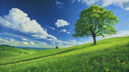 Vibrant green rolling hills under a bright blue sky with fluffy white clouds