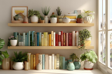 Stylish shelves with books, plants & decor