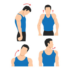 Man doing effective upper body stretches focused on relieving tension in the neck and shoulders. Flat vector illustration isolated on white background