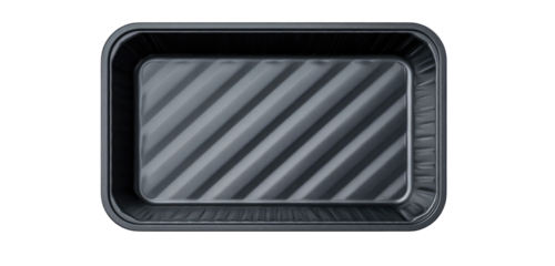 Black rectangular food container with ridged interior