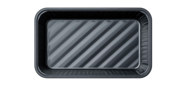 Black rectangular food container with ridged interior
