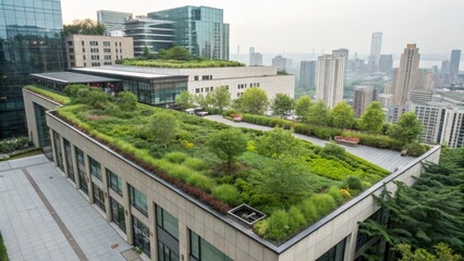 Fototapeta premium Urban Rooftop Garden with Lush Greenery and City Skyline Views