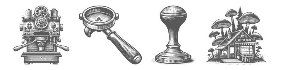 Vintage Hand-Drawn Coffee Grinder Collection Illustration, Classic Equipment Engraved Style Vector for T-Shirts and Café Themes Design