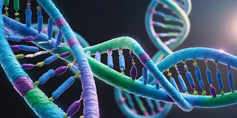 Colorful 3D DNA Helix with Glowing Light on Dark Background

