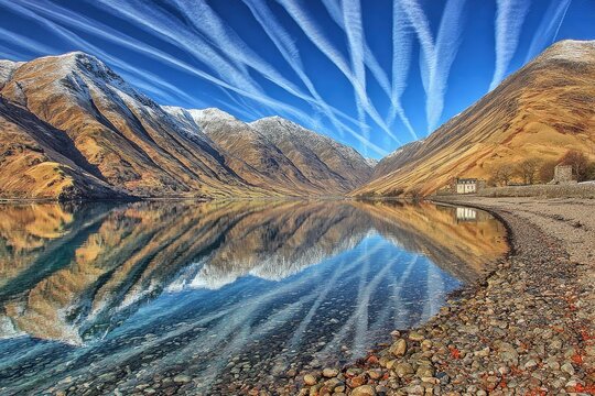 Mountain lake reflected in glassy water, with snow-capped peaks and contrails - Powered by Adobe