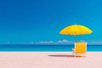 Simple beach scene with yellow umbrella and striped chair