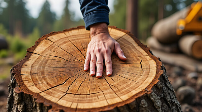 Hand Placed on Tree Stump in Forest Showing Nature's Beauty and Wood Texture