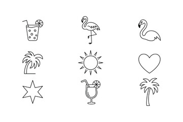 Fototapeta premium Tropical drinks flamingos palm trees sun and heart shapes line art