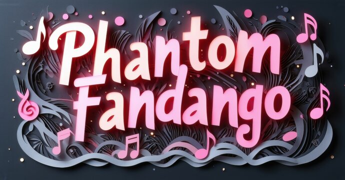 Bright text reads Phantom Fandango. Pink, silver swirls, musical notes decorate dark background. Festive, vibrant design.