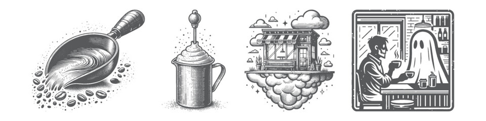 Vintage Hand-Drawn Drinking Coffee with Ghost Collection Illustration, Spooky Character Engraved Style Vector for T-Shirts and Halloween Themes Design