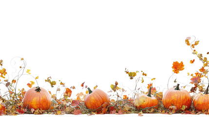 • A pumpkin patch with autumn leaves for Halloween, isolated on white background in HD