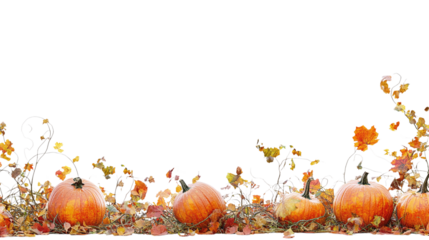 • A pumpkin patch with autumn leaves for Halloween, isolated on white background in HD 