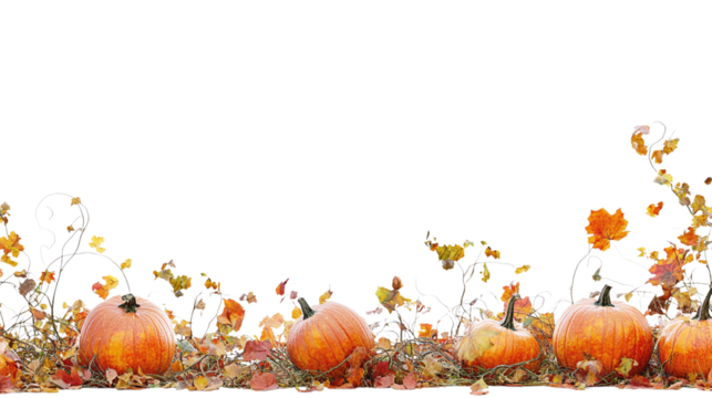 • A pumpkin patch with autumn leaves for Halloween, isolated on white background in HD 