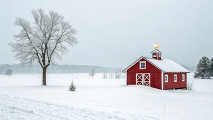 Cozy Red Barn in Winter Landscape With Snow and Star Decoration
