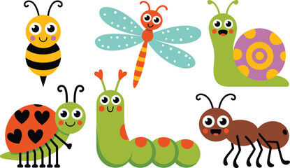 Obraz premium Assortment of six friendly cartoon insects on white background
