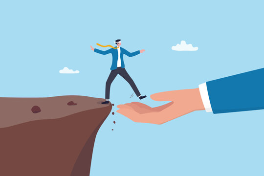 Trust reliability or work support, leadership to help or support employee, partnership to help success, care, belief or faith concept, businessman blindfold walk on trust reliable manager hand. - Powered by Adobe