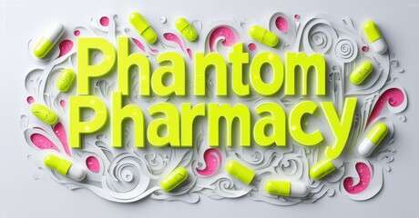 Fototapeta premium Bright yellow text spells Phantom Pharmacy amid swirling white shapes, pink accents, numerous capsules. Design evokes medicine, health concepts.