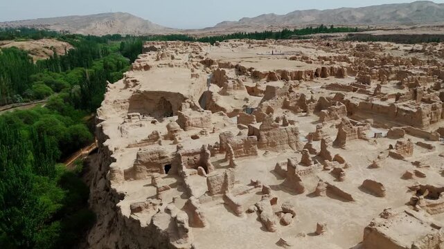 Aerial view of Xinjiang Jiaohe Ruins Ancient City in China Tupan drone unesco archaeologic site