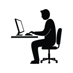 Person Sitting at Desk Working on Computer  Black and White Icon Illustration