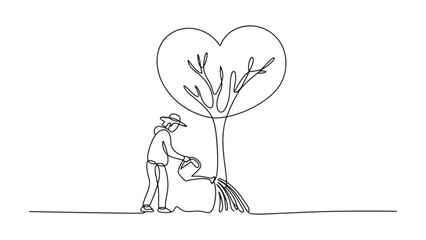 Continuous Line Drawing Gardener Watering Heart Shaped Tree Single Stroke Vector Illustration