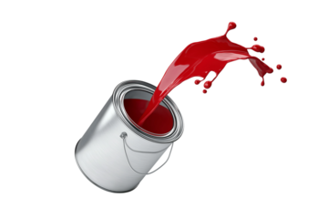 silver can full of red paint, jumping with paint splashing. PNG transparent background