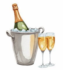 Watercolor bottle of champagne with flute glasses illustration 