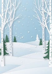 a winter landscape with white birch trees, snow-covered hills, trees with falling snowflakes against a light blue background. Merry Christmas, Snow forest. pines in winter and mountain Paper vector 