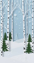a winter landscape with white birch trees, snow-covered hills, trees with falling snowflakes against a light blue background. Merry Christmas, Snow forest. pines in winter and mountain Paper vector 