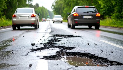 Rain-slick road with significant potholes and cracks, cars visible in the background