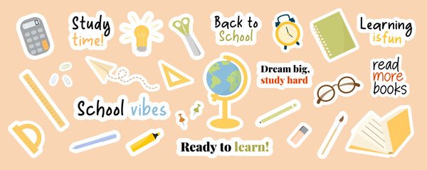 Vector set of colorful Back to School stickers in flat style. Includes school supplies like globe, calculator, scissors, ruler, books, clock, pencil, marker, protractor and educational quotes.